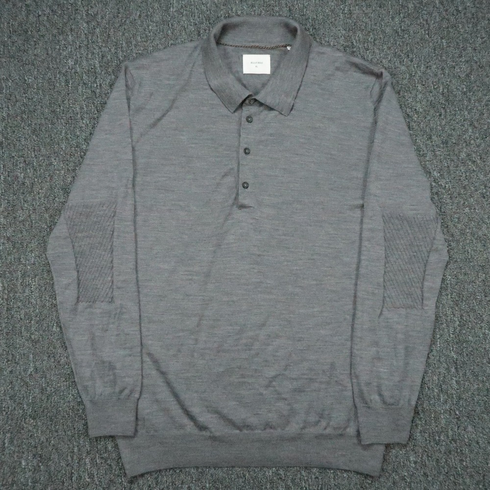 Billy Reid Sweater Mens XL Gray Long Sleeve Merino Wool Elbow Patch Knit Polo